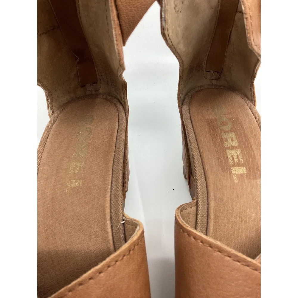 Sorel Joanie II Ankle Strap Wedge Sandals Brown Leather NL2832-224 Womens Size 8